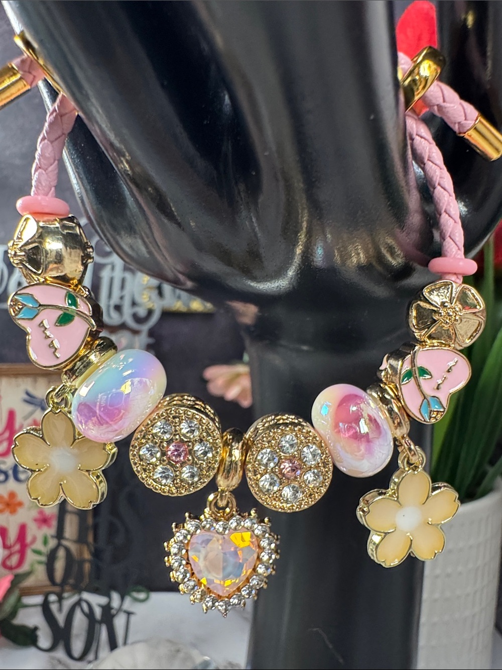 Pink Floral Crystal Heart Charm Bracelet - Women Jewelry